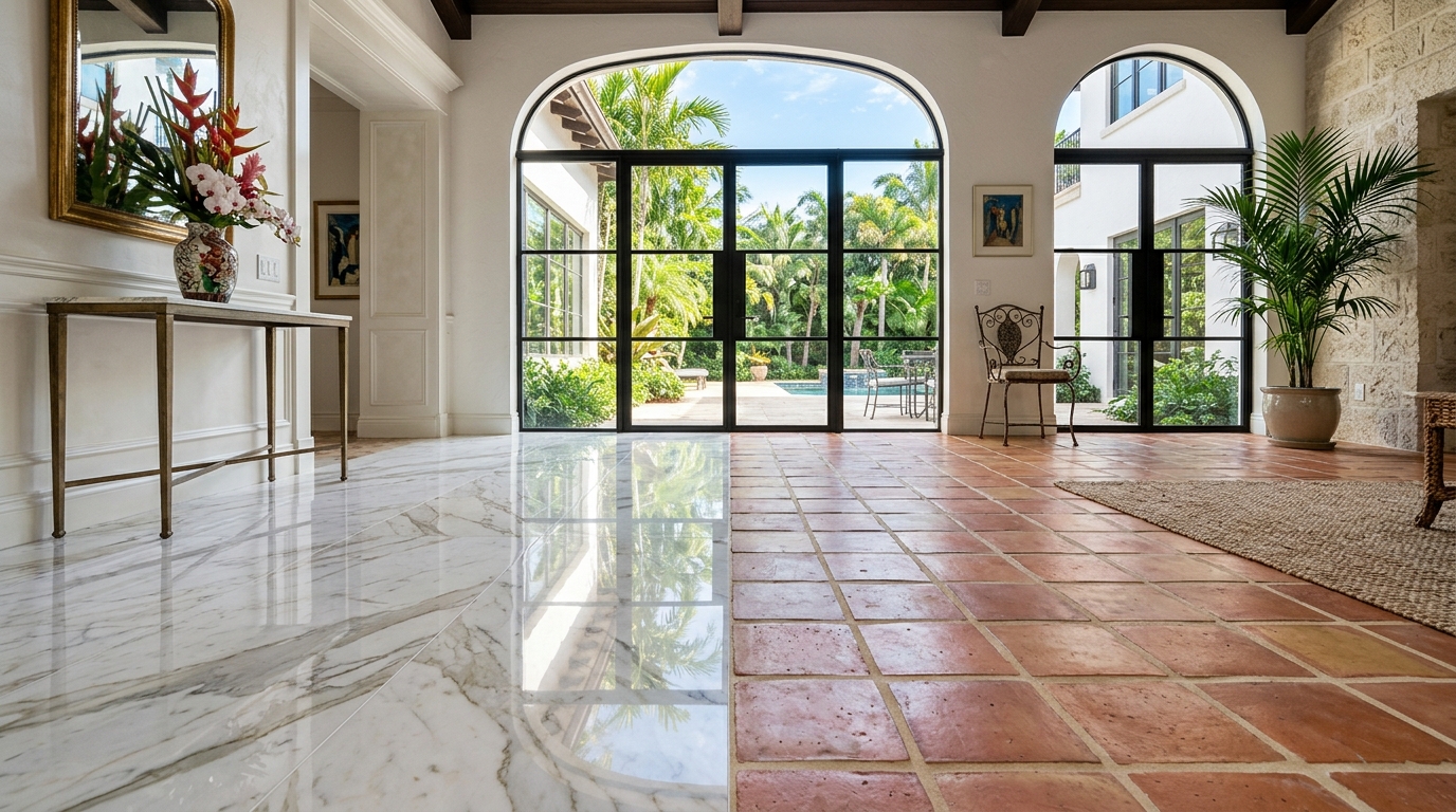 Mexican tile vs marble restoration, Mexican tile restoration Boca Raton, marble restoration Palm Beach, Saltillo tile stripping and grout cleaning
