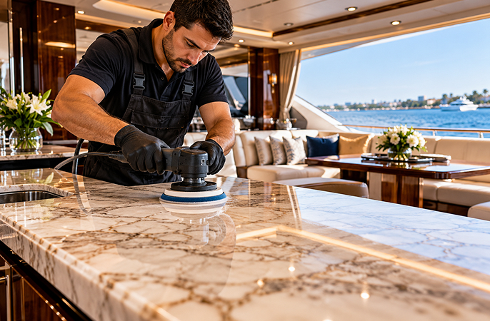 Professional technician restoring and polishing a high-end marble countertop inside a luxury yacht interior.